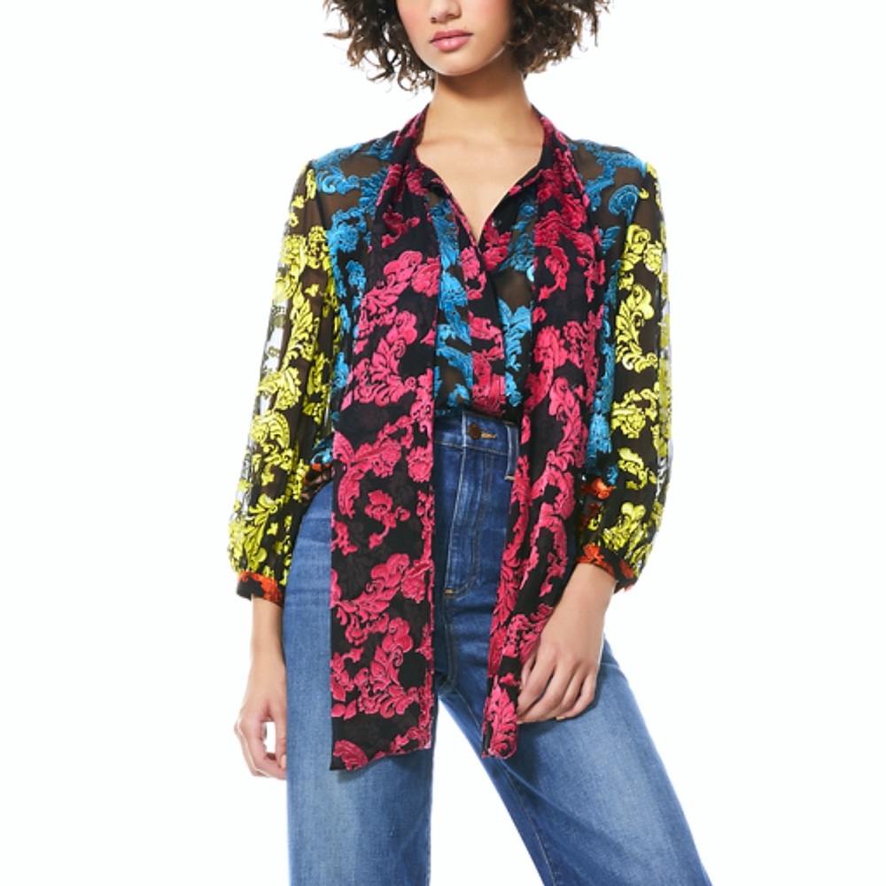 Alice + Olivia Jeannie Tie Neck Floral Blouse Top - Picture 7 of 16